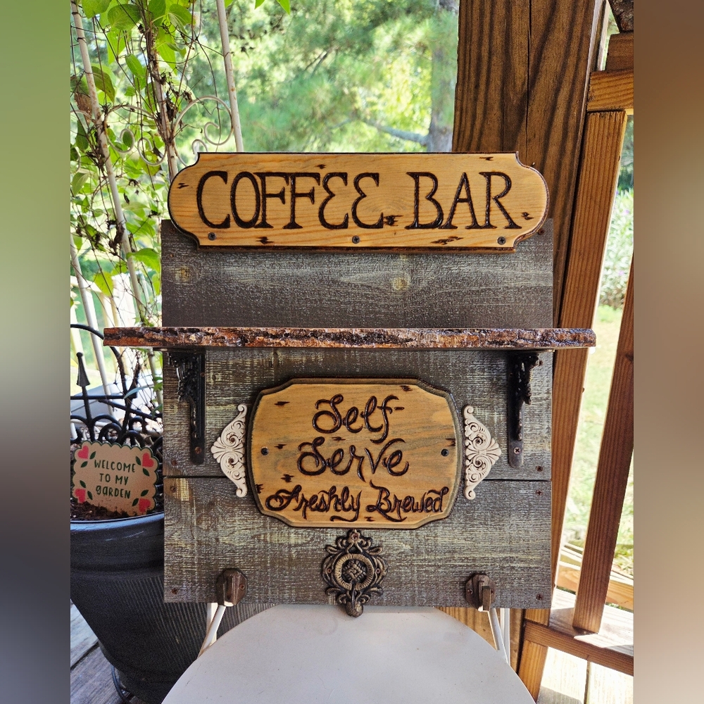 Handmade Rustic Coffee Bar Wall Decor With Hooks Along Bottom & Live Edge Shelf! - Picture 2 of 16